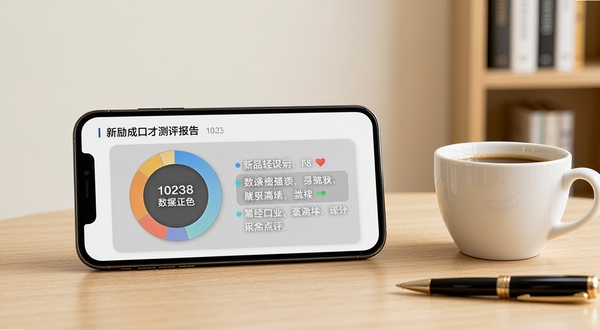新励成口才测评报告页面展示,手机横放在桌面,屏幕显示分数环形图与文字点评,旁边放着一杯咖啡和一支笔,背景为浅色墙面与书架局部,画面干净明亮,突出报告数据区域