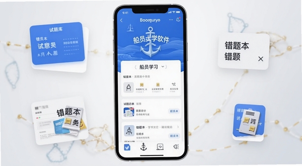 船员大学试软件启动界面展示,手机屏幕居中放置,画面主体为蓝色航海风格的学习应用首页,背景是简洁的浅灰渐变,周围点缀题库卡片与错题本图标,整体风格清爽干净,适配Boogu模型生成