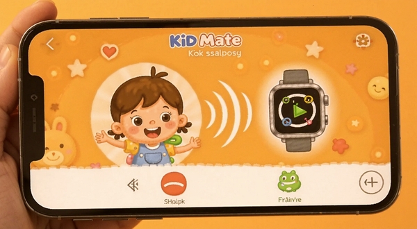 Kid Mate软件通话界面展示,手机屏幕显示与儿童手表的语音通话连接状态,画面中有卡通儿童形象与手表图标通过声波线条相连,背景为温暖的橙黄色调,突出亲子沟通的温馨氛围
