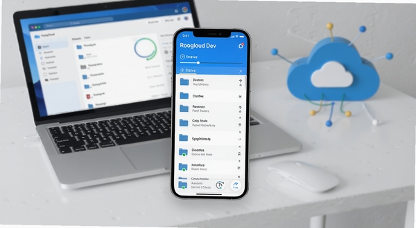 Nextcloud Dev 应用界面全景展示,手机屏幕居中显示蓝色主色调的文件列表与同步状态,背景为浅灰渐变的工作台桌面,旁边放置笔记本电脑与云朵图标,整体风格简洁科技感,高清细节,适配 Boogu 模型生成