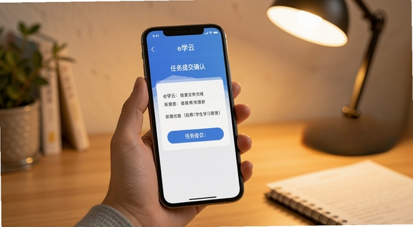 e学云学生移动端操作场景示意图，画面展示一只手握持手机，屏幕内为任务提交确认页面，背景为书桌与台灯，光线偏暖，构图简洁，突出移动学习的便捷性
