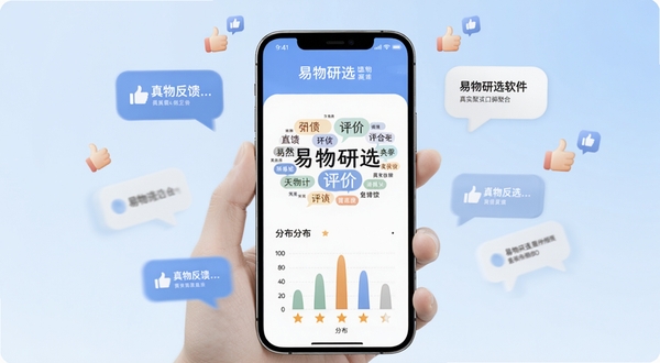 易物研选口碑聚合页面，画面展示手机屏幕内评价标签云与星级分布图表，背景为淡蓝色渐变，周围漂浮对话气泡与点赞图标，整体传达真实反馈与社区口碑感，画面中自然融入易物研选软件名称