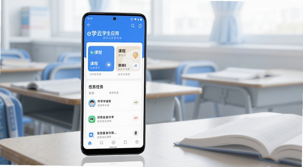 整体画面采用清爽的蓝白配色，画面中央偏左位置放置一部竖屏安卓手机，屏幕内展示e学云学生应用主界面，包含课程卡片与任务列表元素，背景区域为虚化的教室课桌与书本轮廓，光线柔和明亮，风格简洁现代，适合应用商店展示场景