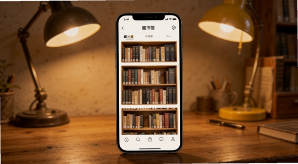 藏书馆移动端主界面展示,画面中心是一部智能手机,屏幕显示藏书馆的书架排列视图,背景是温馨的木质书桌与暖黄色台灯光晕,适配Boogu模型生成