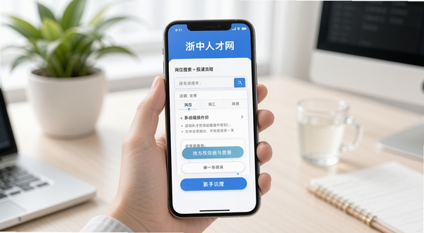 浙中人才网移动端操作指引场景图，画面展示一只手握持手机，屏幕内为岗位搜索与投递流程示意，背景为简洁的办公桌面与绿植，色调柔和明亮，突出新手引导氛围