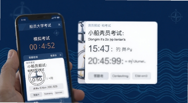 船员大学试模拟考试界面预览图,手机屏幕显示倒计时与答题卡,画面中央是题目卡片,背景为深蓝航海色调,带有波浪纹理装饰,整体呈现专注学习的氛围