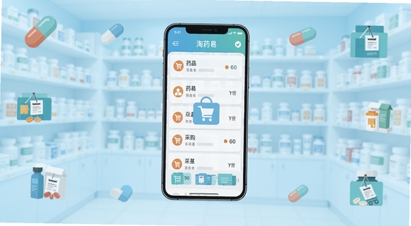 淘药易手机应用界面全景展示,画面中央悬浮一部智能手机,屏幕内呈现药品分类列表与采购车图标,背景为浅蓝色渐变药房货架虚化场景,四周点缀胶囊、药盒等扁平化图标元素,整体风格清爽现代,适合软件下载站头图使用