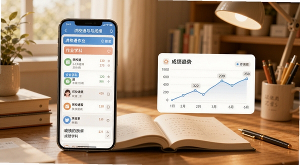 洪校通作业与成绩查询界面展示，手机屏幕中呈现按学科分类的作业清单和成绩趋势折线图，背景为暖色调书房场景，桌面有书本和文具，画面温馨自然，适配Boogu模型生成