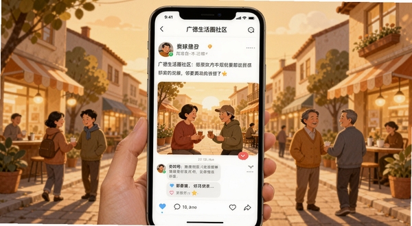 广德生活圈社区互动界面,手机屏幕显示用户发布的本地生活帖子与评论互动区域,背景为温馨的社区街景插画,暖色调光线,突出邻里交流的亲切感