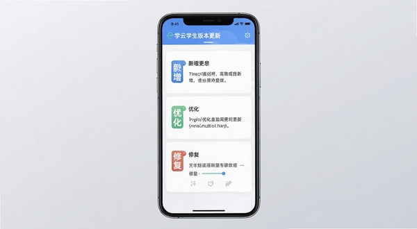 e学云学生版本更新界面示意图，手机屏幕展示更新日志列表，包含新增、优化、修复三类条目，背景为浅灰色渐变，整体风格干净利落，适合软件下载站配图使用