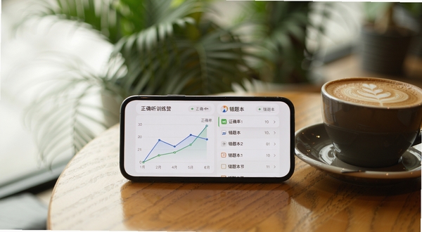 精听训练营APP数据统计页面，手机屏幕上展示正确率折线图与错题本列表，手机平放在咖啡厅木桌上，旁边有一杯拿铁，背景虚化有绿植，风格生活化温暖