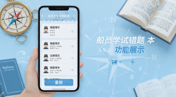 船员大学试错题本功能展示图,手机界面呈现错题列表与重做按钮,画面以浅蓝色为基调,背景带有航海罗盘与书本元素,风格简洁明快