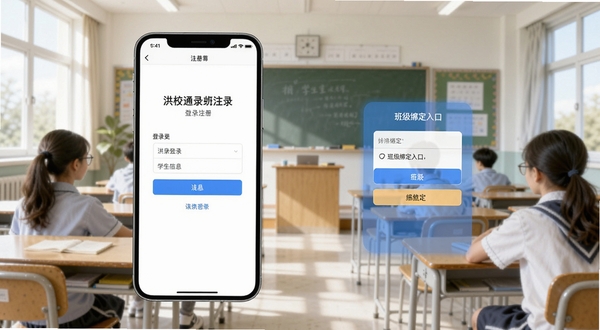 洪校通移动端登录与绑定学生信息操作界面示意，手机屏幕展示注册登录页面和班级绑定入口，背景为明亮教室环境，画面清晰直观，适配Boogu模型生成